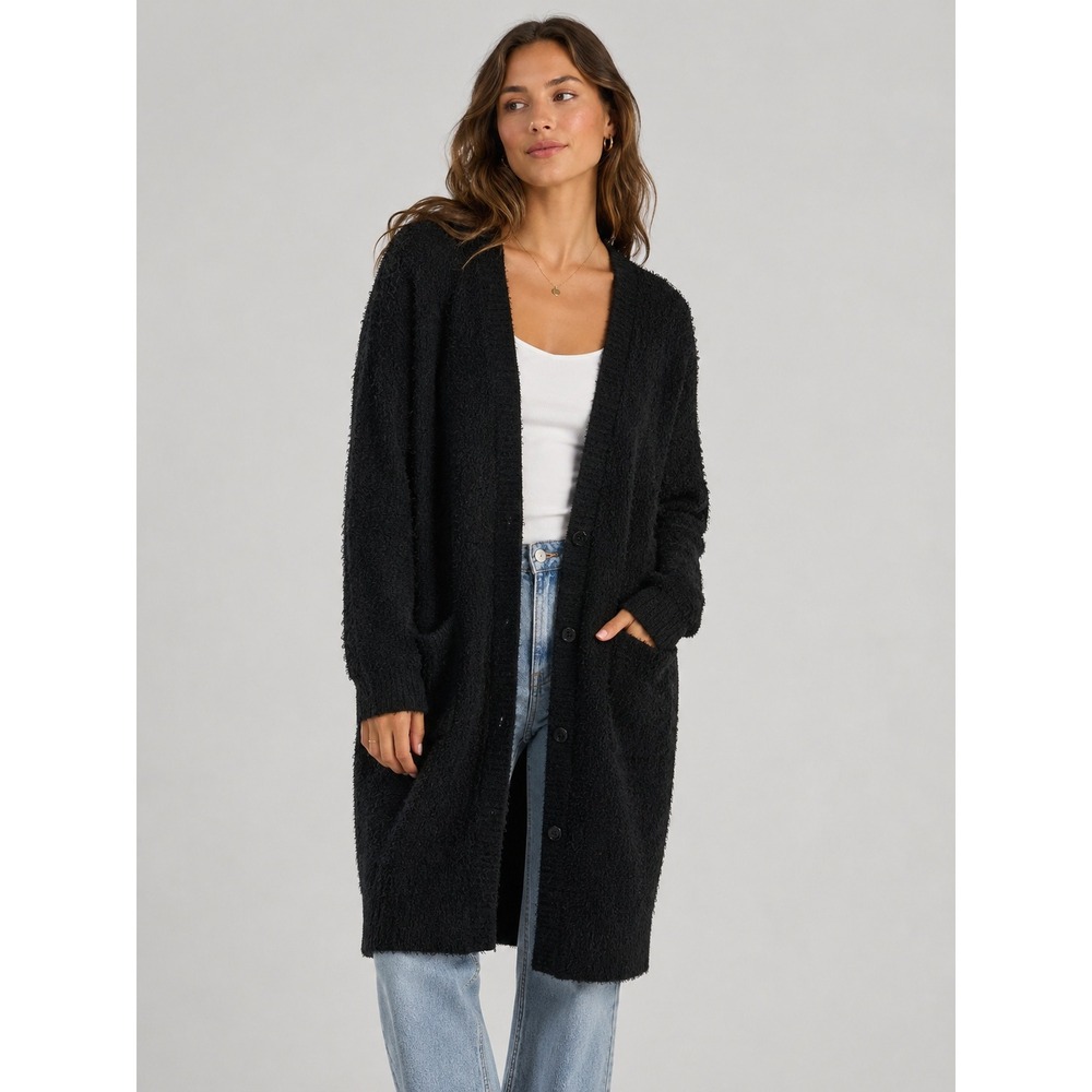 BB Dakota Cardigan Women M Black Longline Eyelash Knit Cozy Comfy Sweater Pocket